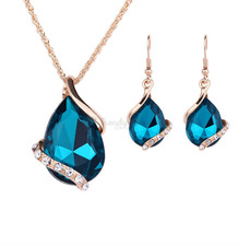 18ct Gold Plated Pear Shaped CZ Pendant Necklace Earrings Womens Jewellery Set