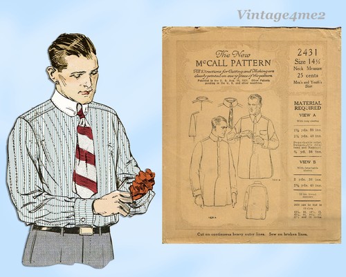 1920s Vintage McCalls Sewing Pattern 2431 Uncut Men's Dress Shirt Sz 14.5 Neck - Picture 6 of 6