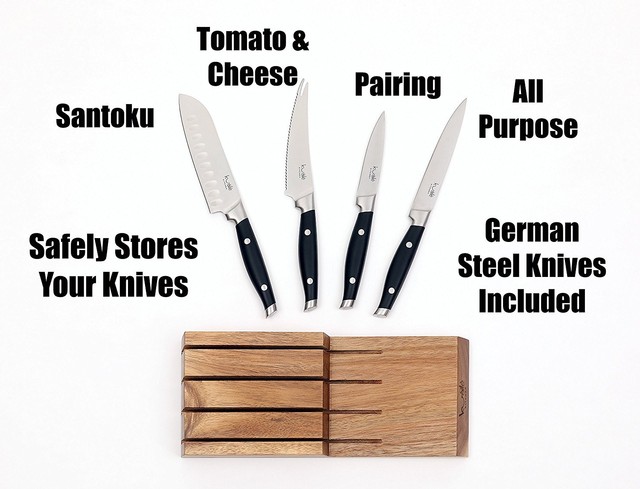 Chef Knife Set Acacia Wood Block In Drawer Storage With Steel