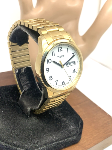 Timex Reloj Hombre T2N064 Cuarzo Esfera Blanca Día Fecha Indiglo Oro Banda de Expansión - Imagen 14 de 14