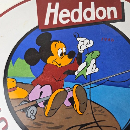 Vintage Heddon Fishing Lures Sign - Mickey Mouse Tackle Gas Pump Porcelain Sign - Picture 2 of 14