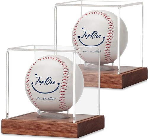 Astuccio Baseball Acrilico Trasparente con Base in Legno di Acacia, Confezione da 2 per Collezionisti - Foto 3 di 9