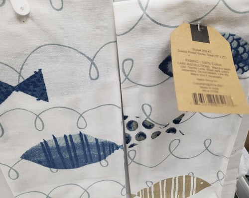 2 Same Thin Tea Kitchen Towels(15"x25")NAUTICAL,SEALIFE,GOLD & BLUE FISH,Mabelle - Picture 5 of 9