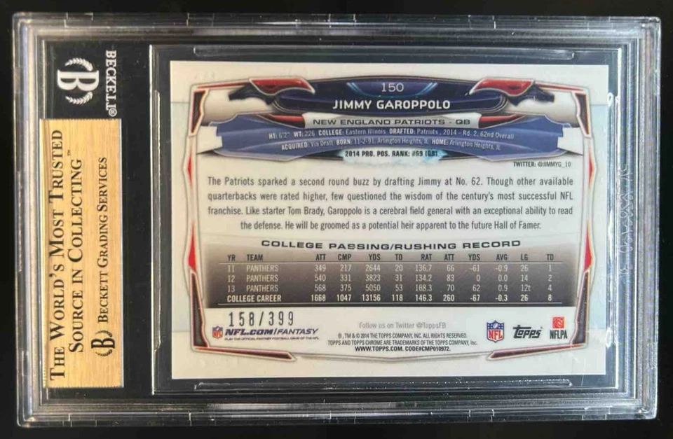 2014 Topps Chrome Jimmy Garoppolo RC Pink Refractor #158/399 Patriots BGS 9.5 - Image 2 of 2