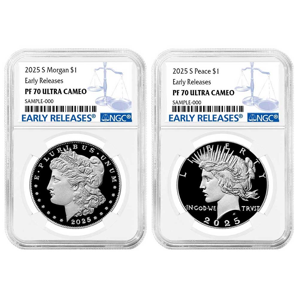 2pc Set - 2025-S $1 Proof Morgan and Peace Silver Dollar NGC PF70UC ER Blue