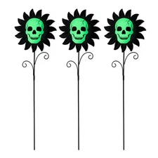 Best 24 H 3 Pack Lighted Halloween Yard Stakes Metal Sunflower Skulls GlowinDark