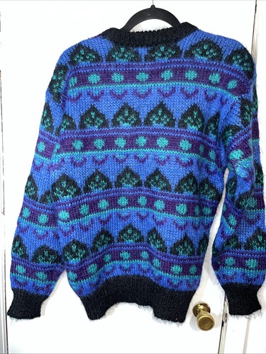 Suéter Vintage Gallagher Azul Teal Púrpura Fair Isle Cuello Redondo Mezcla Mohair Med - Imagen 5 de 7