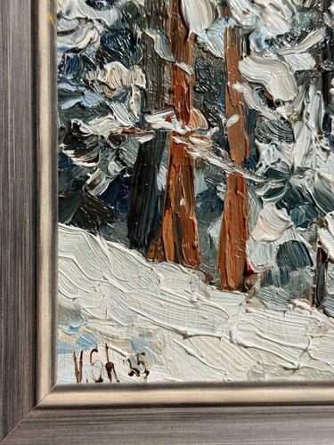 Pintura al óleo original paisaje de invierno arte forestal firmado enmarcado Impasto 7,5x5,5 - Imagen 7 de 7