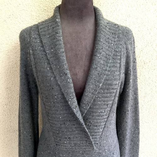 Aqua 100% Cashmere Gray Speckled Sweater Dress Tunic XS Shawl Collar Kangaroo Po - Picture 2 of 12