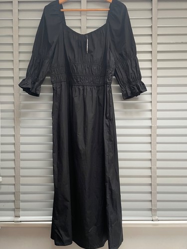 M&S Collection Black Off Shoulder Dress UK 20 Bardot Maxi Boho Peasant Cotton - Picture 1 of 10