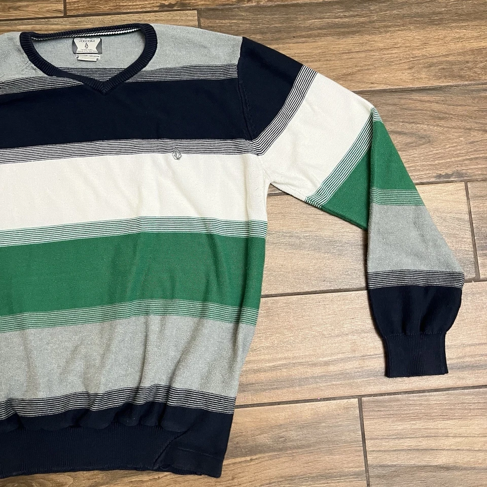 Volcom Men's XL Pullover Sweater Blue, White, Green Striped Knit - Image 4 of 4