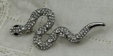 Gorgeous Med Sized Silver Tone Snake W Black Eyes  Clear RS Brooch/Pin