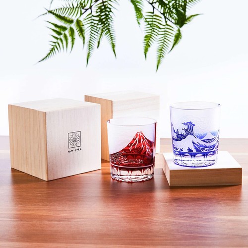 Kiriko Glass, Mt. Fuji Glass, Rocks Glass 260cc 2pieces Red Blue LUGUFON - Picture 5 of 7