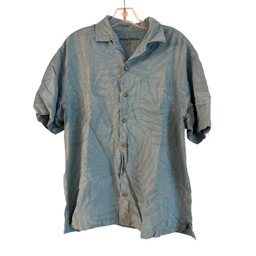 Tommy Bahama Shirt Men’s Blue Silk Hawaiian Tropical Button Up Short Sleeve L