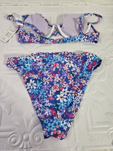 CUPSHE NWT Women's Bikini Set Swimsuit High Waist Floral Ruched Size Medium  - Picture 4 of 19