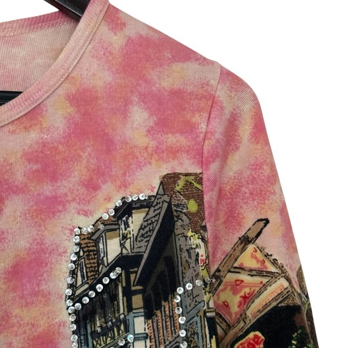 Vintage Y2K AllOver Sequin Paris Cafe Art To wear Pink Long Sleeve Blouse Size M - Foto 12 di 19