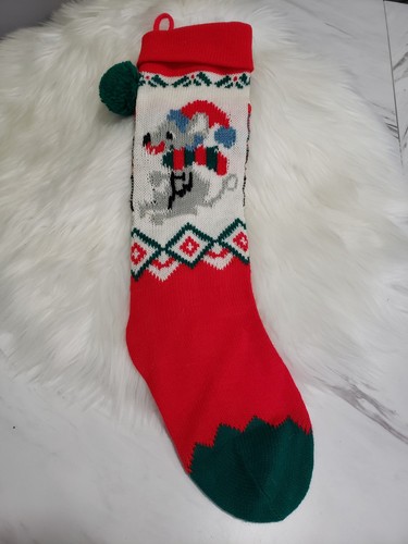 Vintage Hand Knit Christmas Stocking MOUSE 20" Retro Kitschy