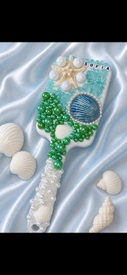 Handmade Ocean Theme Decorative Paddle Brush with Pearls Customizable name