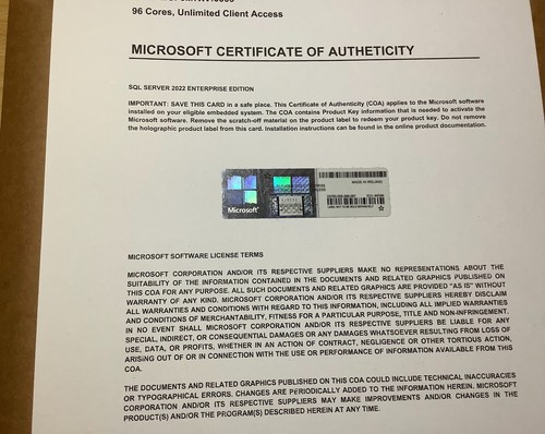 SQL Server 2022 Enterprise 96 Core License Unlimited CALs with COA - Picture 3 of 3