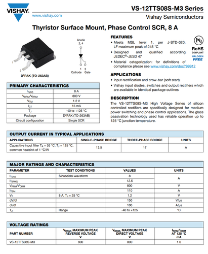 5X VS-12TTS08S-M3 12TTS08S Vishay SMD Thyristor 800V 8A Phase Control SCR D2PAK - Picture 2 of 4