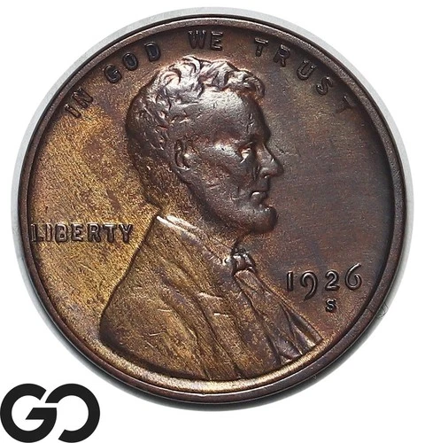 1926-S Lincoln Cent Wheat Penny, Woodgrain Toning, Choice AU++ Better Date!