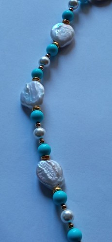 Collana perle irregolari di fiume+perle di majorca+tondi pasta di turchese+croce - Picture 6 of 16