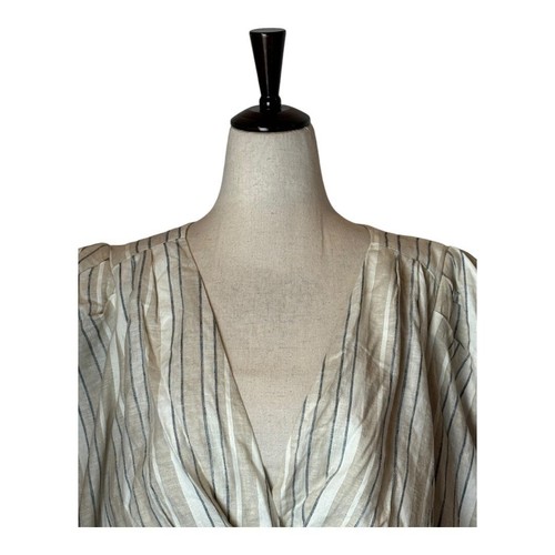 Ronny Kobo Dress Women Large Ivory Tan Striped Linen Blend Puff Sleeve Joslyn - Picture 4 of 15