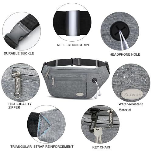 Fanny Pack for Women Men, Crossbody Bag with 4-Zipper Pockets, Large Grey - Picture 5 of 7