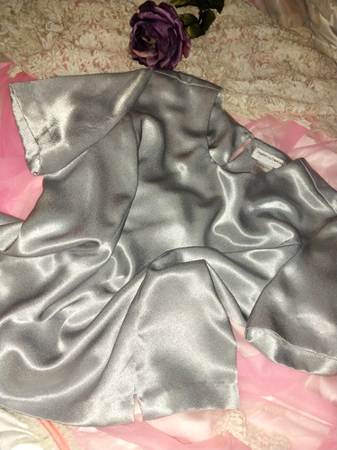 VTG SATIN SHINY DRAPERS P/L SILVER CHROME PLATNIUM BLOUSE SHIRT TOP 42/44 - Picture 3 of 10