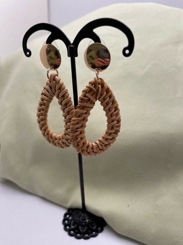 Gold Tone & Natural Wicker Tear Drop Earrings - Picture 4 of 10