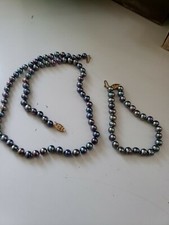 Genuine 14k Gold Pearl Necklace Bracelet Set Shimmering Purple Green 5mm