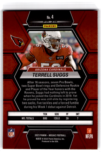 2023 Panini Mosaic Terrell Suggs Mosaic Silver Prizm Cardinals #4 - Picture 2 of 2