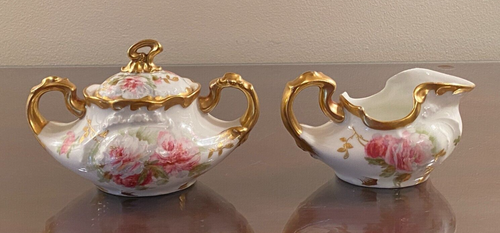 Jean Pouyat Limoges Antique Pink Floral Gold Trim Lidded Sugar Bowl & Creamer - Picture 3 of 21