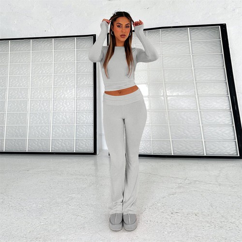 Damen 2 Stück Lounge Sets Schlaghosen Set Langarm Cropped Oberteil Freizeit Outfits - Bild 4 von 15