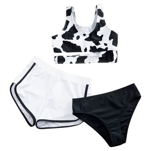 Kids Girls Swimsuit Cow Print Swimwear With Bottoms Bathing Suit Shorts Bikini - Picture 4 of 26