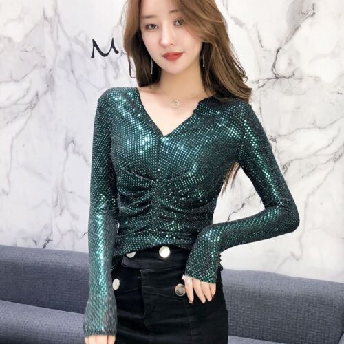Femme Brillant Paillettes V-Nevk Chemise Ruché Chemisier Bas Haut Vêtement de - Picture 10 of 17
