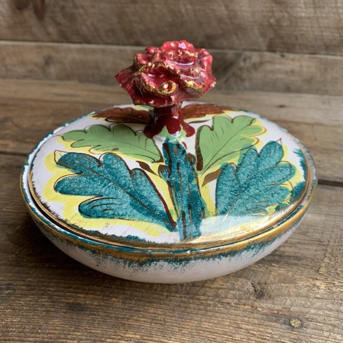 Vtg Italian Ceramic Vanity Box Trinket Dish 7” Hand Painted Flower Finial - Picture 3 of 14
