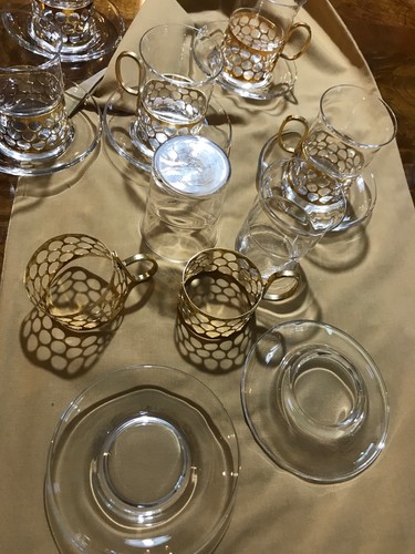 Set Lot Of 8 Demitasse Tea Expresso Cup Saucer Clear Glass Gold Handle Basket - Picture 12 of 12