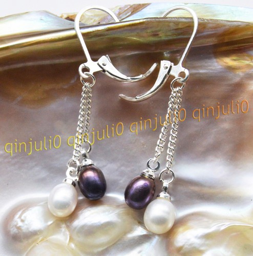 Charming 6-7MM White Black Freshwater Pearl Link Dangle 18KGP Leverback Earrings - Picture 5 of 6