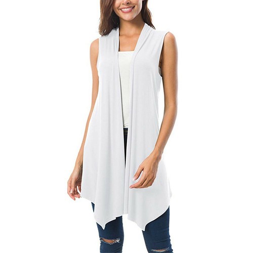 Womens Sleeveless Draped Open Front Cardigan Vest Asymmetric Hem Blouse - Picture 2 of 30