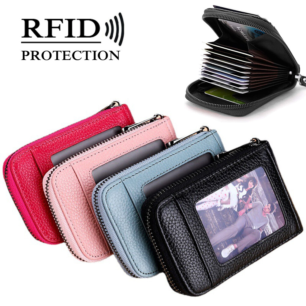 Women Men Leather Wallet ID Credit Card Holder RFID-Blocking Zipper Purse Pocket