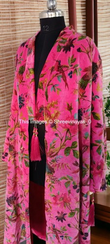 OFMD Luxury Velvet Jacket Coat Kimono Pink Bird Printe Kimono Long Jacket - Picture 6 of 7