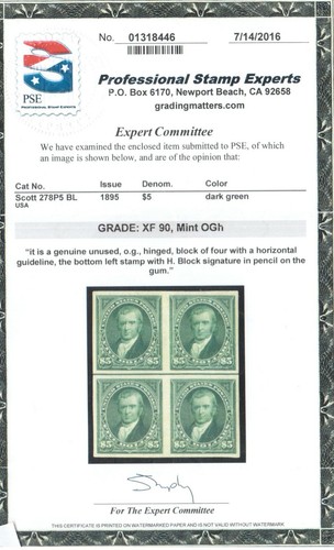 USA #278P5 Extra Fine Mint Imperf Block Plate Proof On Stamp Paper *With Cert.* - Picture 2 of 2