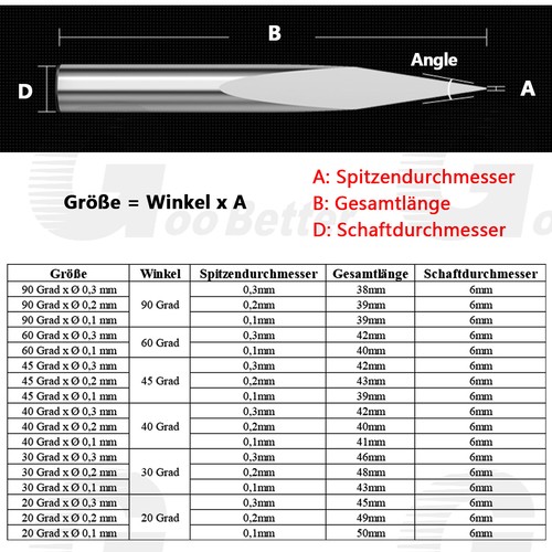6mm Schaft VHM Gravierfräser 20/30/40/45/90° Gravierstichel Z=3 Schaftfräser CNC - Picture 2 of 24