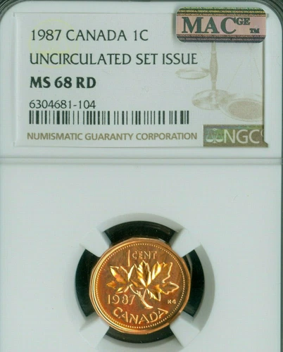1987 CANADA CENT NGC MS68 RD PQ 2ND FINEST GRADED MAC SPOTLESS *