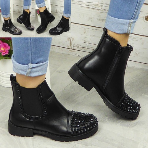 Womens Ankle Boots Ladies Studded Goth 