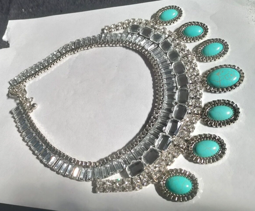 COSTUME NECKLACE CHOKER BIB FAUX TURQUOISE & MIRROR RINESTONES BLING 18" - Picture 3 of 9