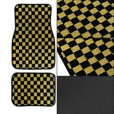 4PCS UNIVERSAL CHECKERED Yellow Racing Fabric Car Floor Mats Interior Carpets