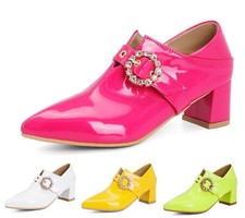 Women's Rhinestone Dress Mid Block Heels Buckle Pointed Toe Pumps Shoes New