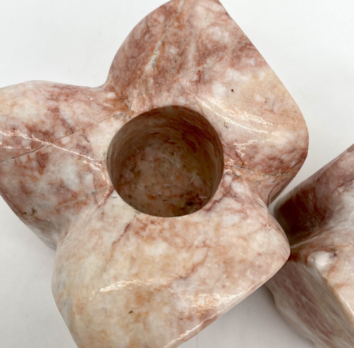 2 Flower Leaf Pink Rose Carved Stone Marble Candleholder Taper Candle Cottage - Picture 9 of 12